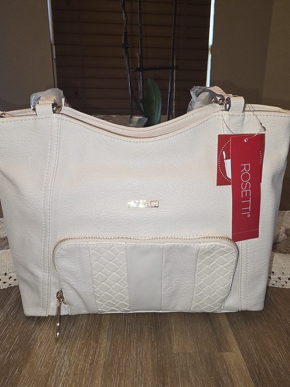 Rosetti Ivory Quilted Front Pocket Tote with Gold Accents